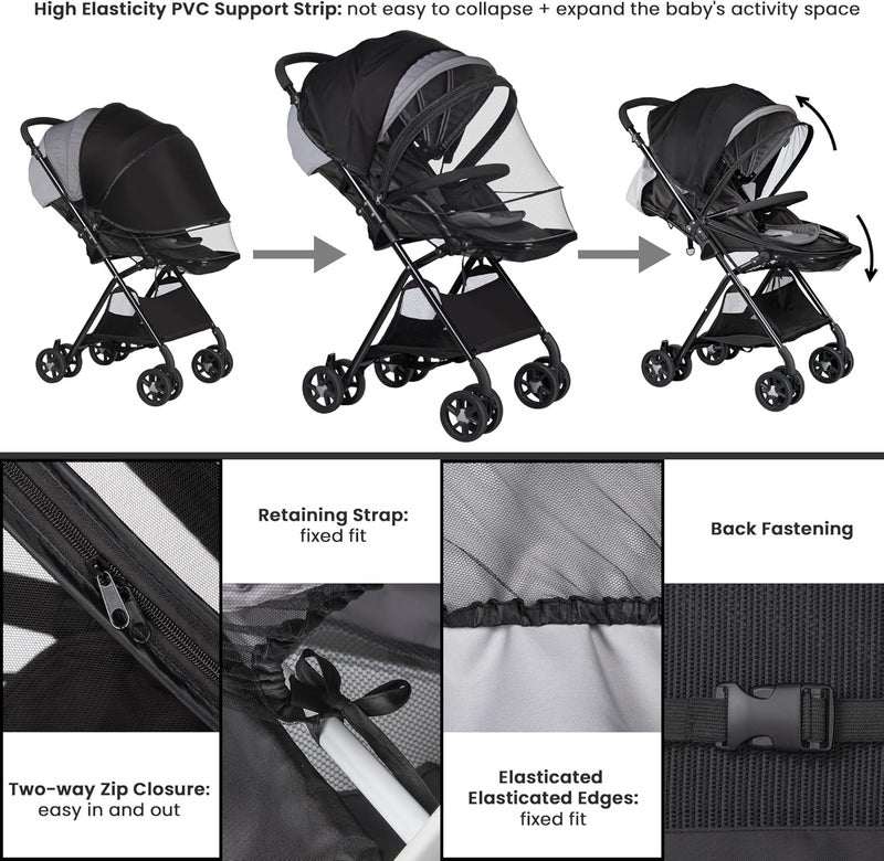 bemece 2-in-1 Durable Baby Mosquito Net with UPF50+ Sunshade for Stroller, Universal Mosquito for Stroller with Two-Way Zippers & Storage Bag, Breathable & Foldable Baby Bug Net for Strollers - Image 4
